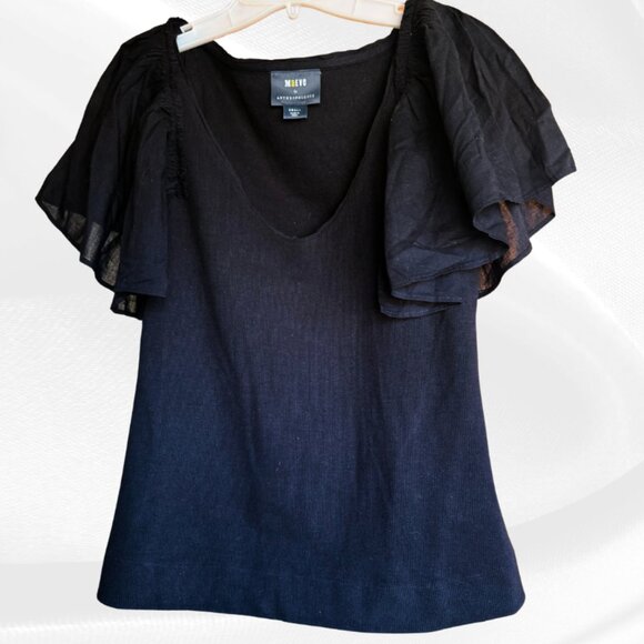 Maeve by Anthropologie Black Ribbed Flutter Sleeve Top Small NWOT - Picture 1 of 12